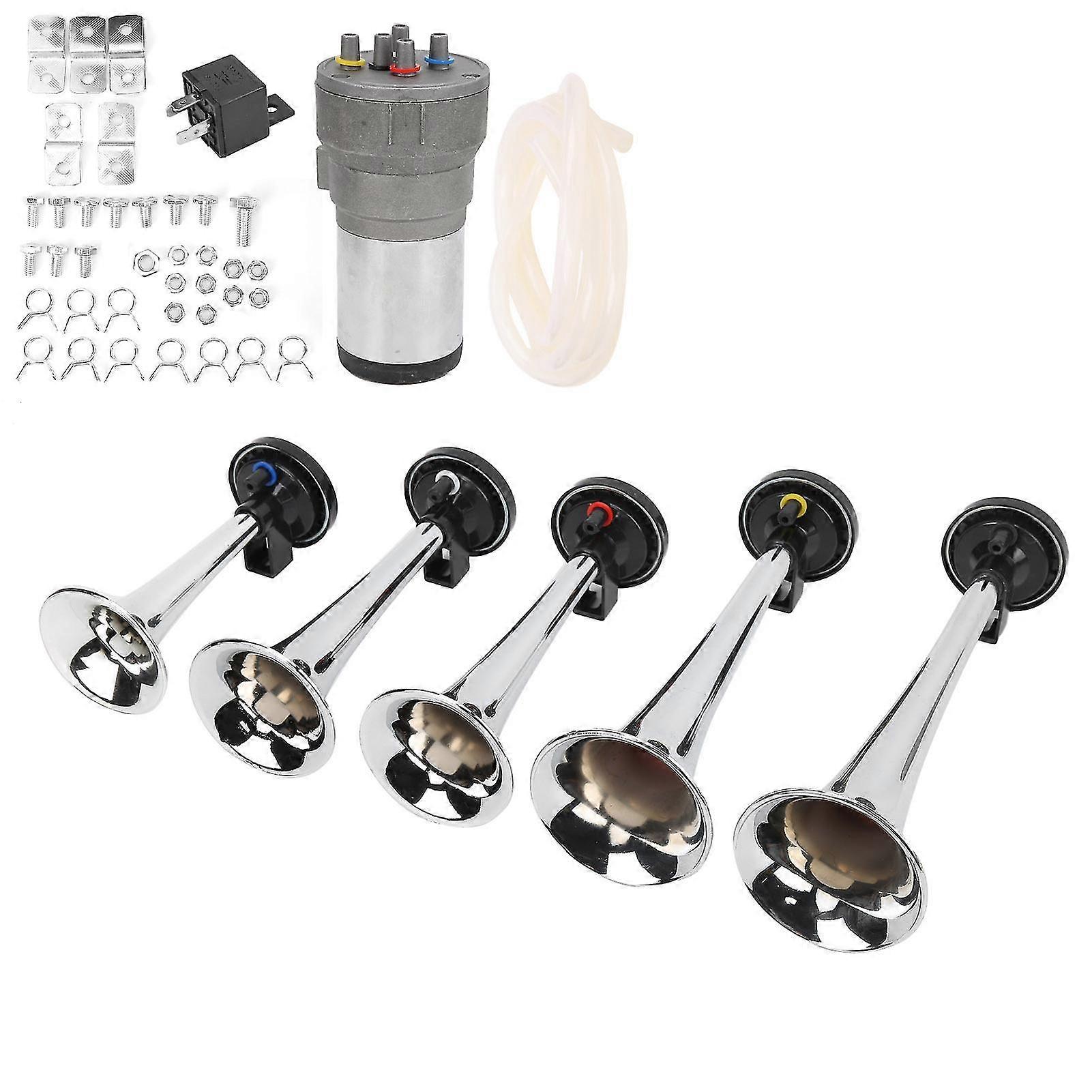 12V Chrome Color Car 5 Trumpet Set with Compressor - Replacement for Trains Ships Vans