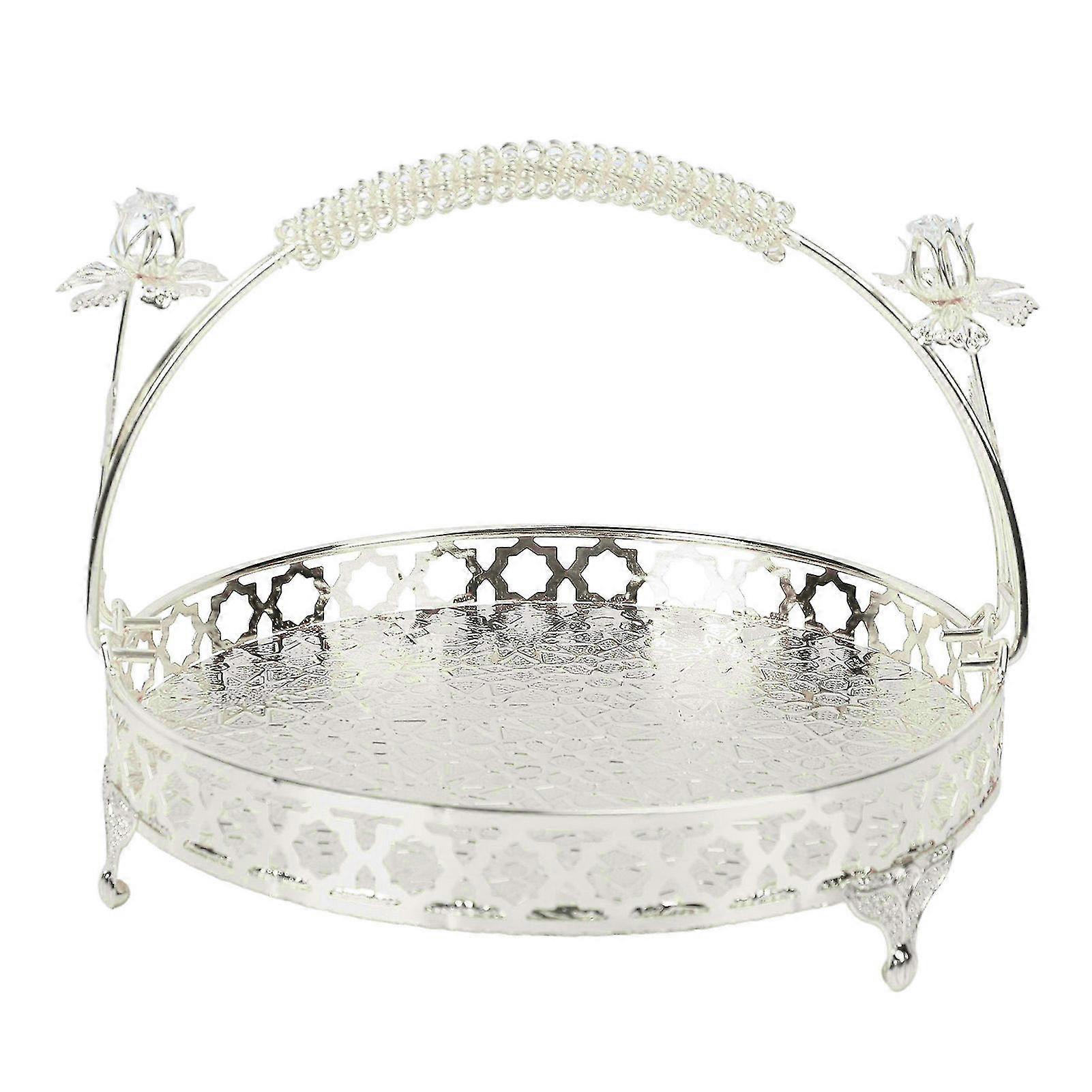 Fruit Tray Retro Style Round Large Capacity Handle Design Decorative Strong Alloy Fruit Bowl for Party Family Bar Cafe Silver Color Meduim Size-Yvan