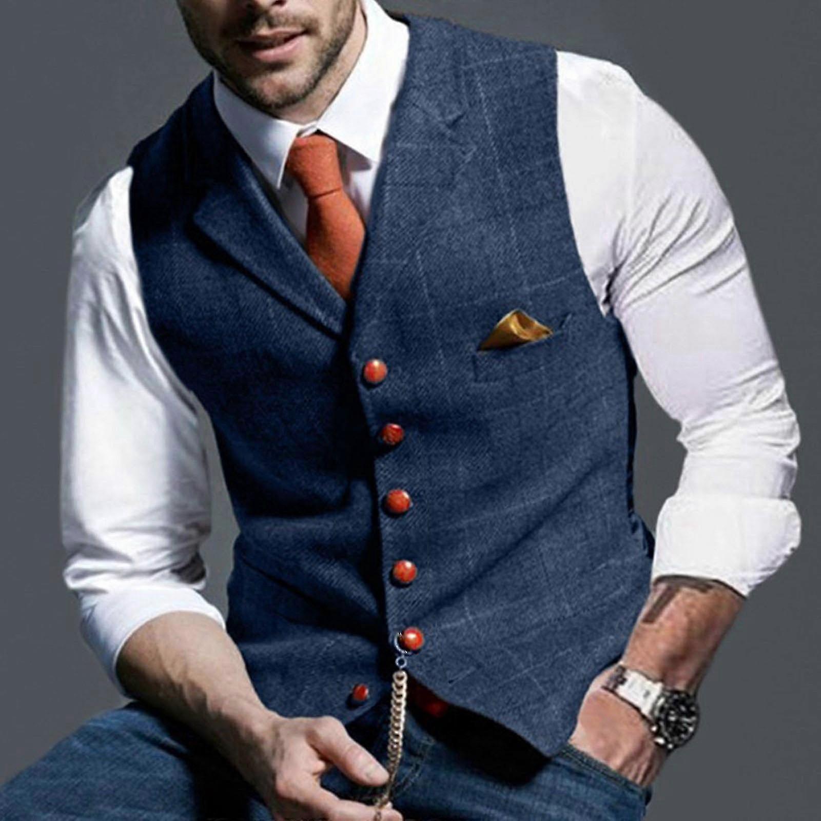 Men Lattice Turndown Single-breasted Slim Fit Vest Suit Business Waistcoat