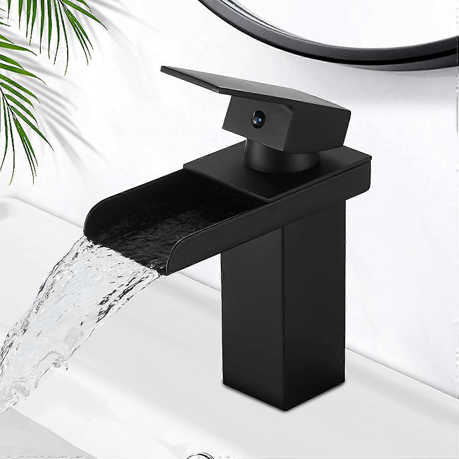 Svart servantkran, fossefall badekran, servantkran med kaldt og varmt vann tilgjengelig, vannbesparende keramisk ventil, elegant badekran