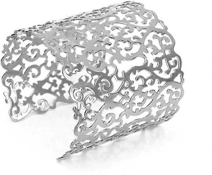 Metal Circle Artistic Hollow Flower Pattern Open End Cuff Bangle Bracelet (Silver)