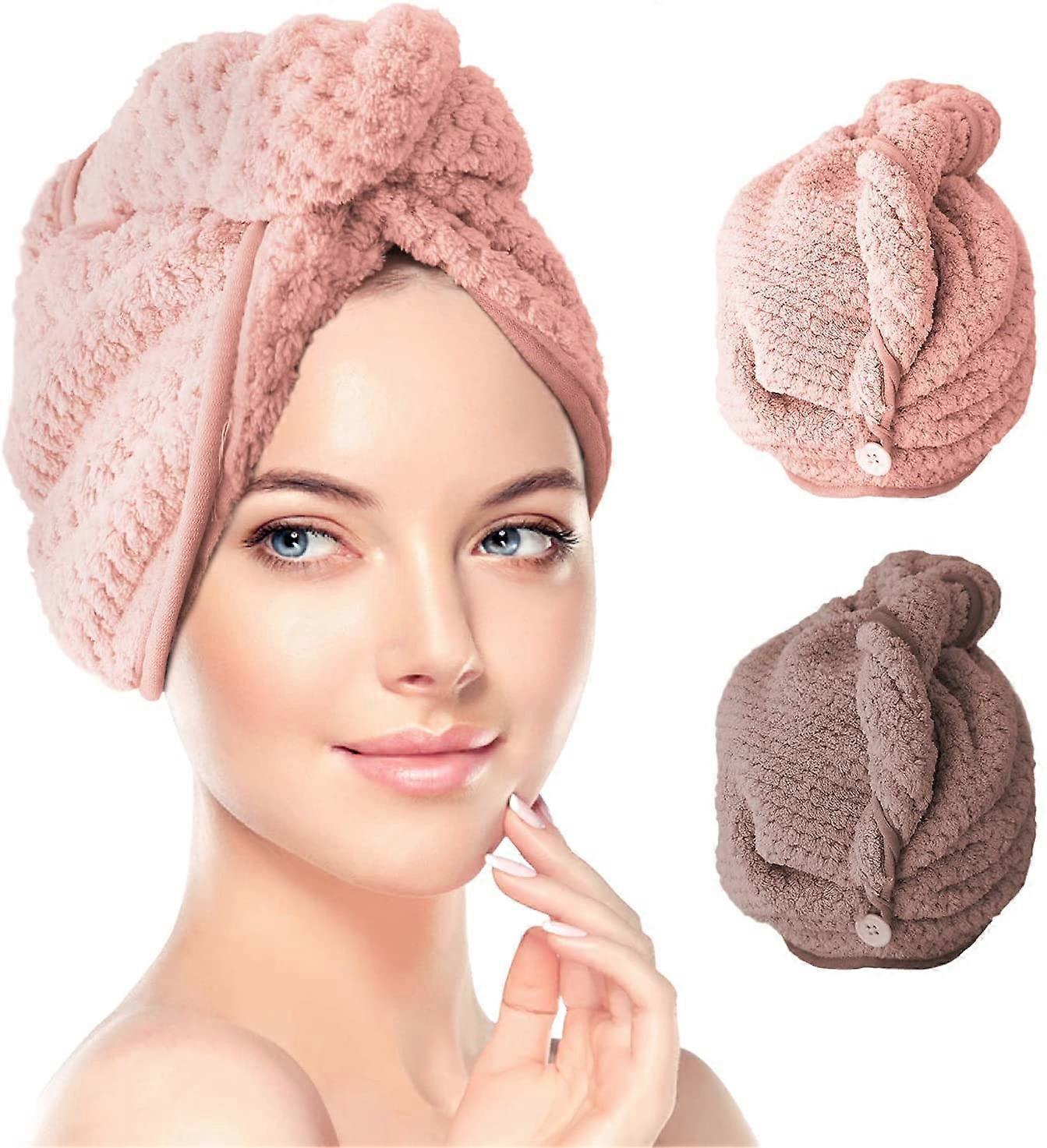 2 Pack Turban Towel with Button, Microfibre Towel, Super Absorbent Hair Towel for All Hair Types