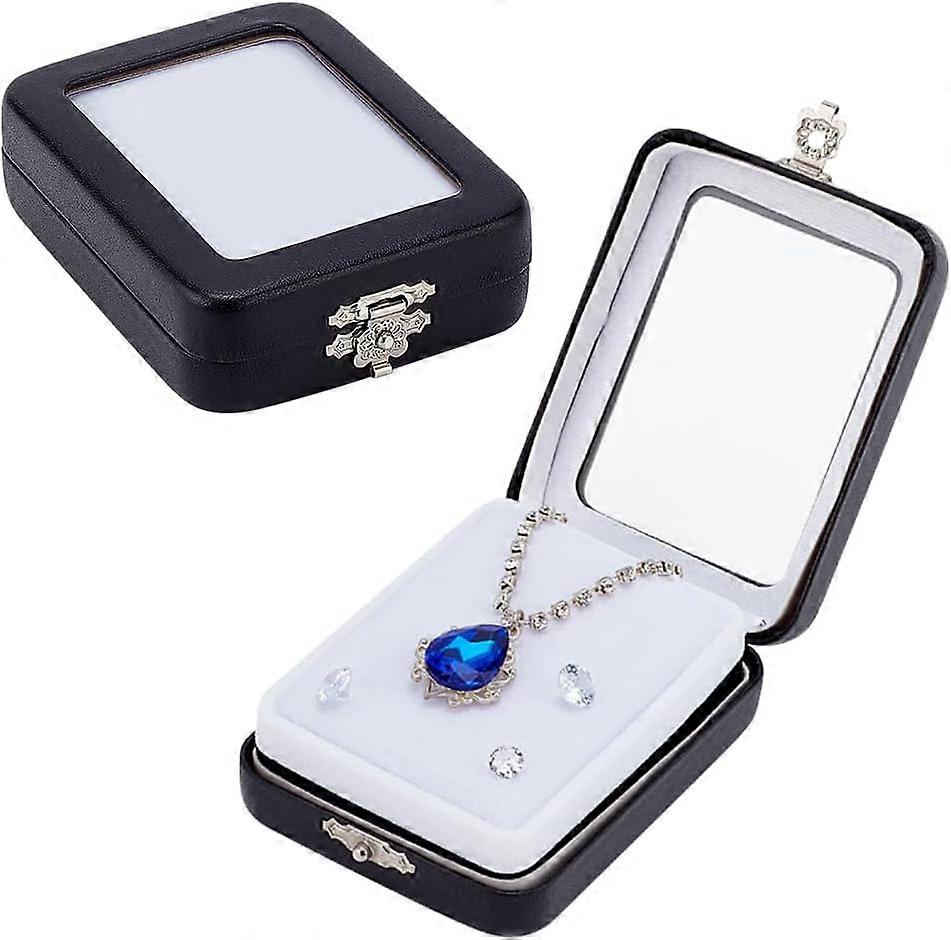 2pcs PU Leather Gemstone Display Box Small Black Gemstone Holder Jewelry Containers with Clear Window and Velvet Pad for Small Items Gems Diamond Disp