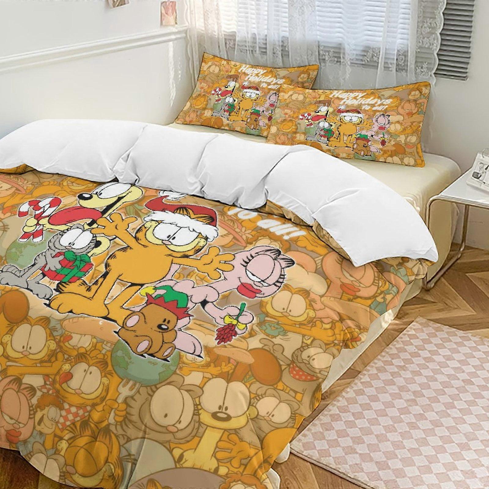v7414 Bed Sheets Bedding Happy Holiday Day To All Garfield Comforter Set Soft 3 Pcs Twin Bedding Sets Thicken for All Season, 1 Comforter 2 Pillow S