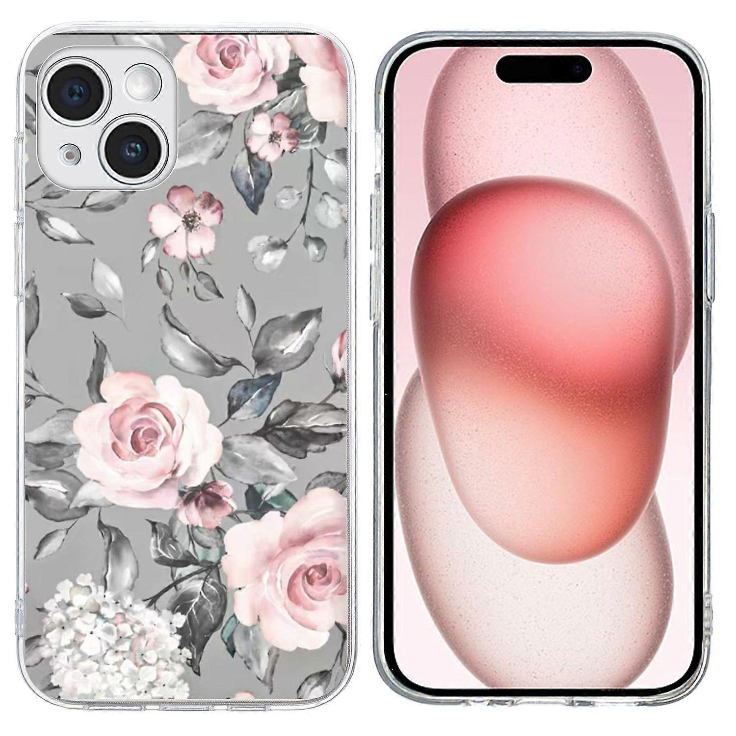 For iPhone 15 Case Pattern Printing Shockproof Soft TPU Phone Cover - Grey Background Flowers