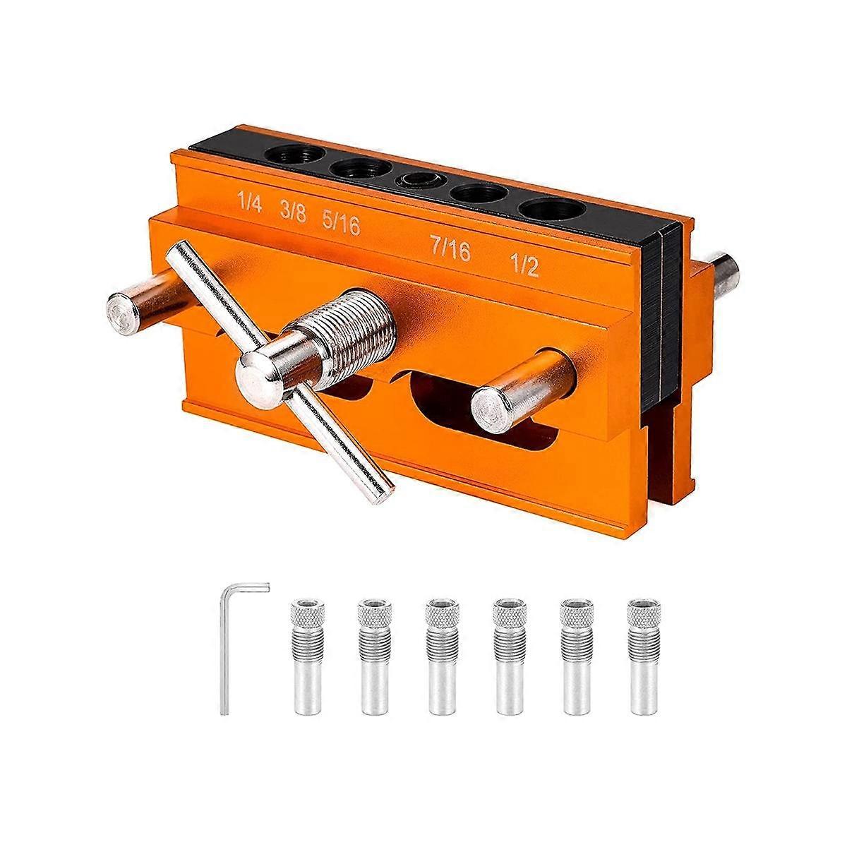 Self Centering Doweling Jig, for Straight Holes, Adjustable Width Woodworking Locator Set with 6 Dr