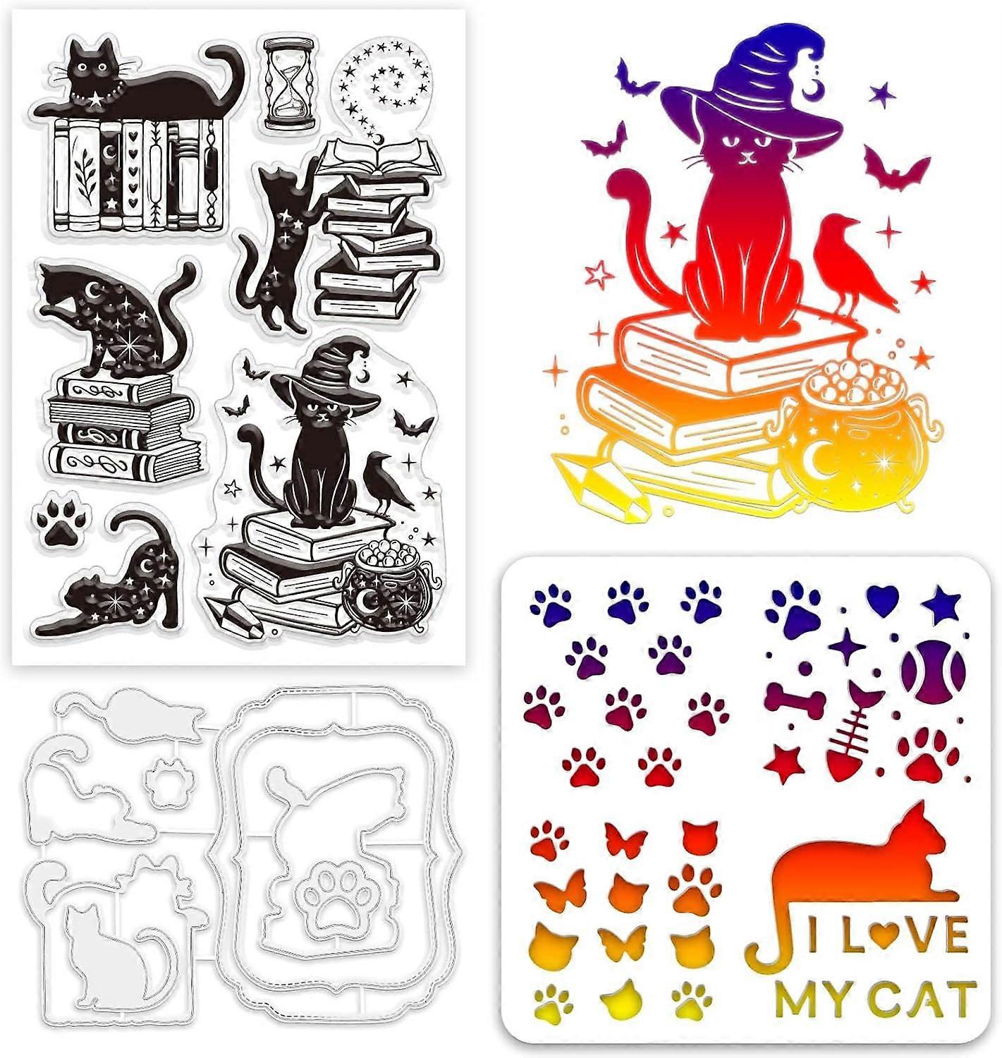 Cat Magic Book Clear Stamps and Die Sets Magic Book Stamps and Embossing Dies Set for Card Making Cat Pet Stencil Template for DIY Scrapbook Decoratio