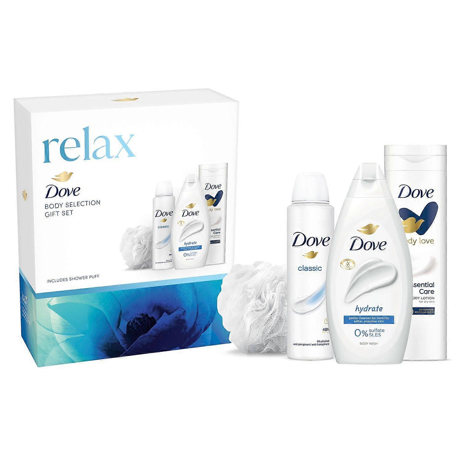 Dove Relax Body Selection 3 Pcs Gift Set with Shower Puff