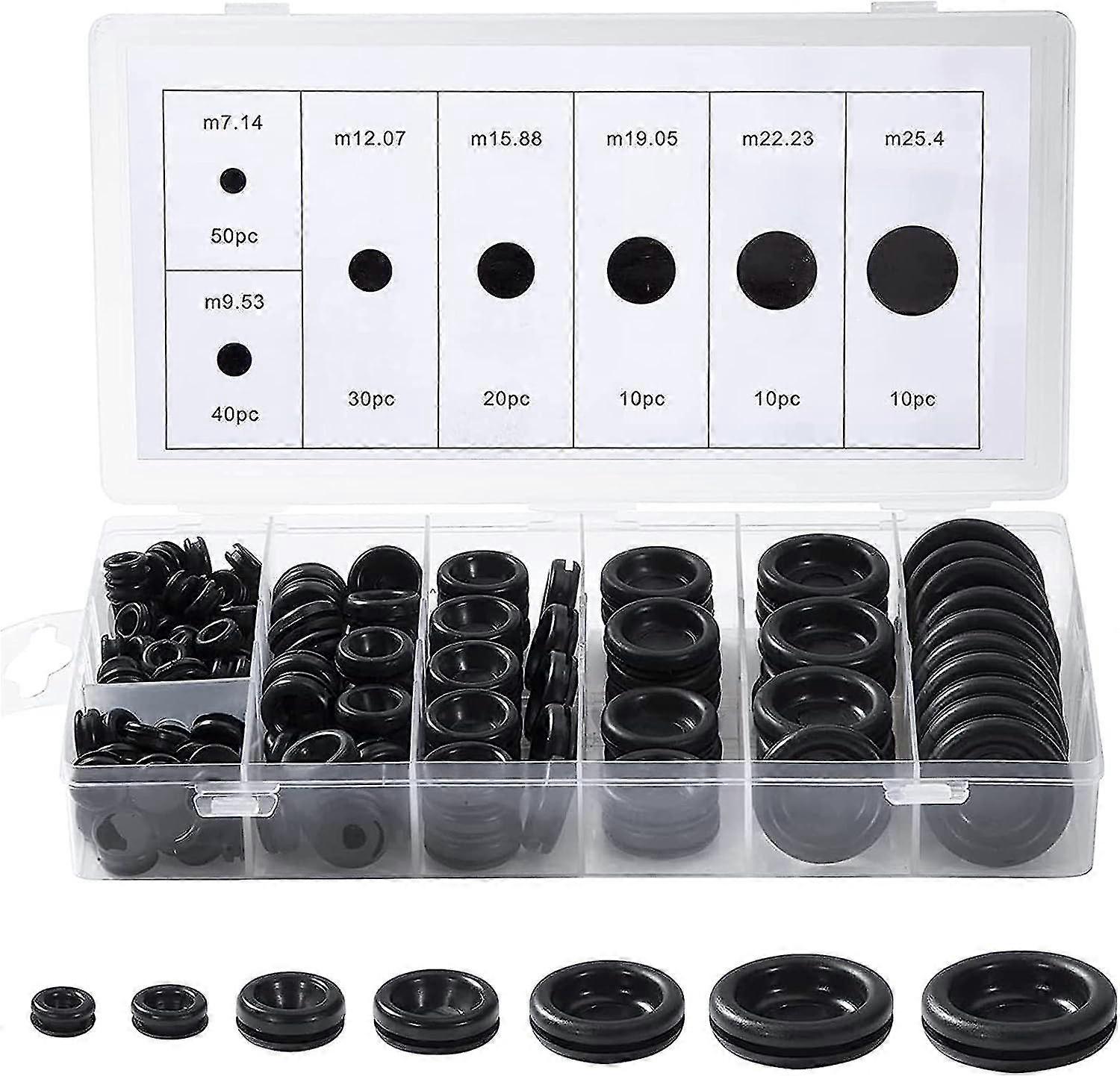 Förpackning med 170 gummiproppar Gummibrickor sortiment Gummigenomföring sortiment Gummipluggar