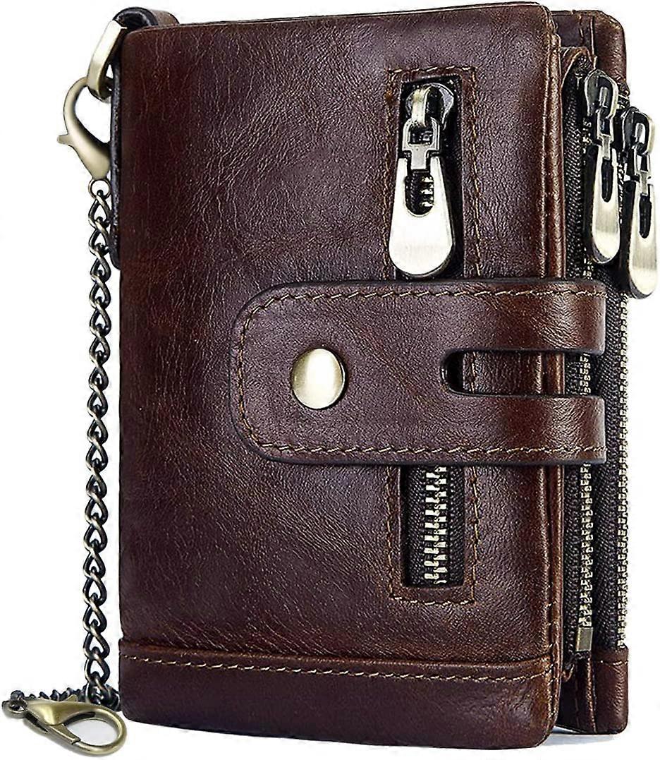 Mens Wallet (CoffeeWith Color Difference) Leather RFID Blocking Men's Coin Purse 16 Card Slots Zipper Coin Pocket with Chain Classic Coin Purse