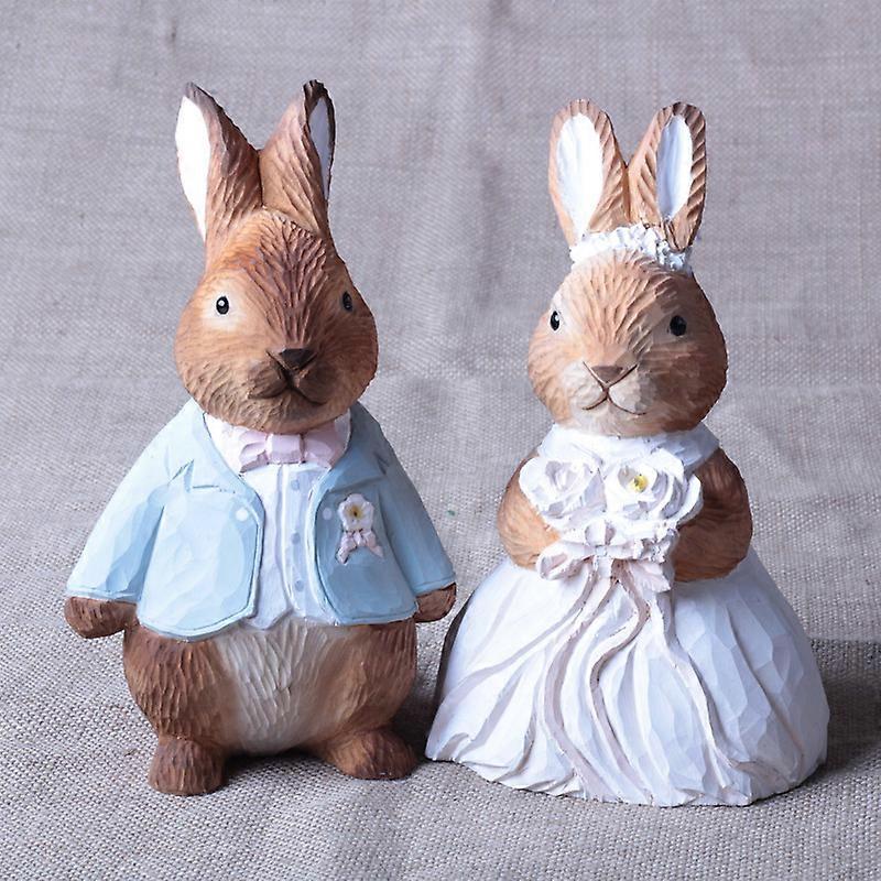 2Pcs Handmade wood carving couple rabbits ornaments wooden wedding