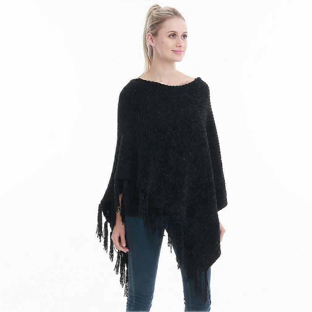 Black Thicken Poncho Pullover Shawl with Tassel Loose Cape for Lady
