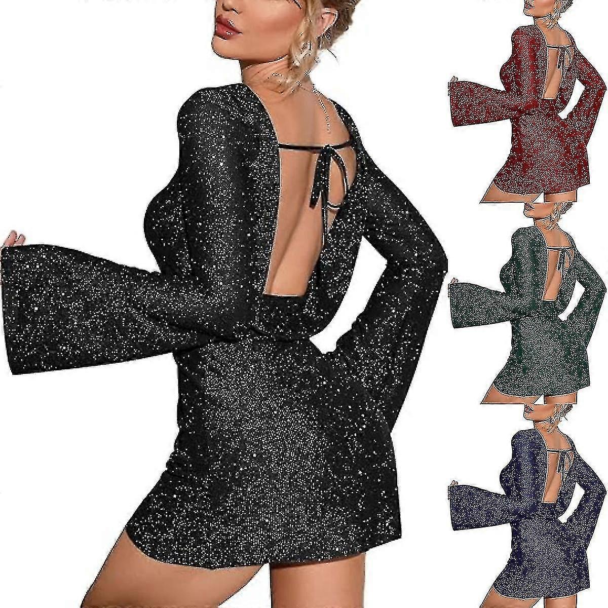 Women's Backless Flounce Sleeve Sparkling Mesh Mini Dress Chic And Glamorous High Quality Ltx