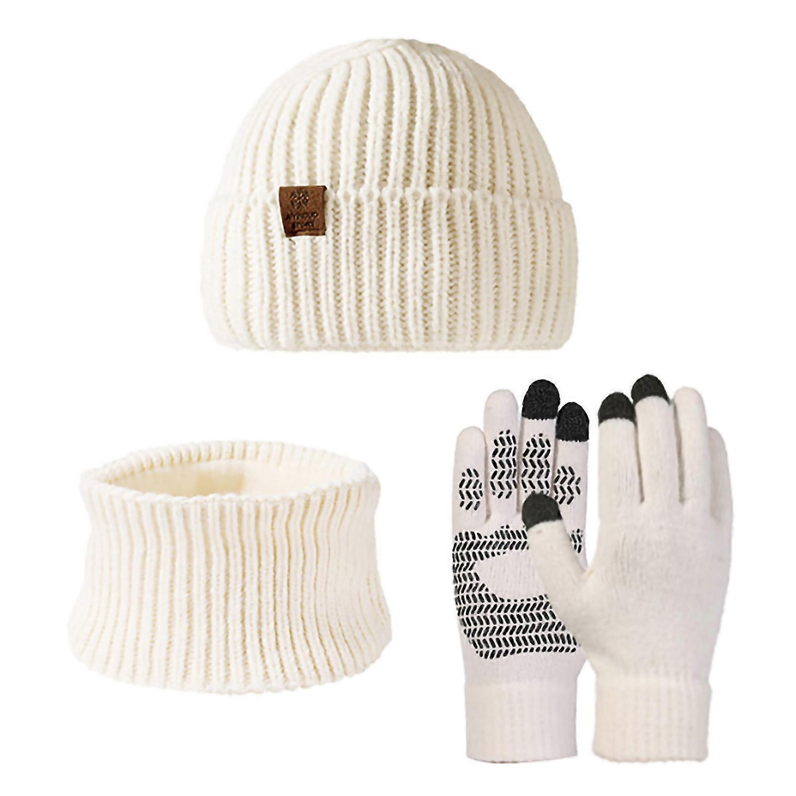 Sinknap 3pcs/set Unisex Winter Beanie Mütze Langer Schal Touchscreen Handschuhe Set Einfarbig Warm Strick Halswärmer Fäustlinge Saum Hut Set