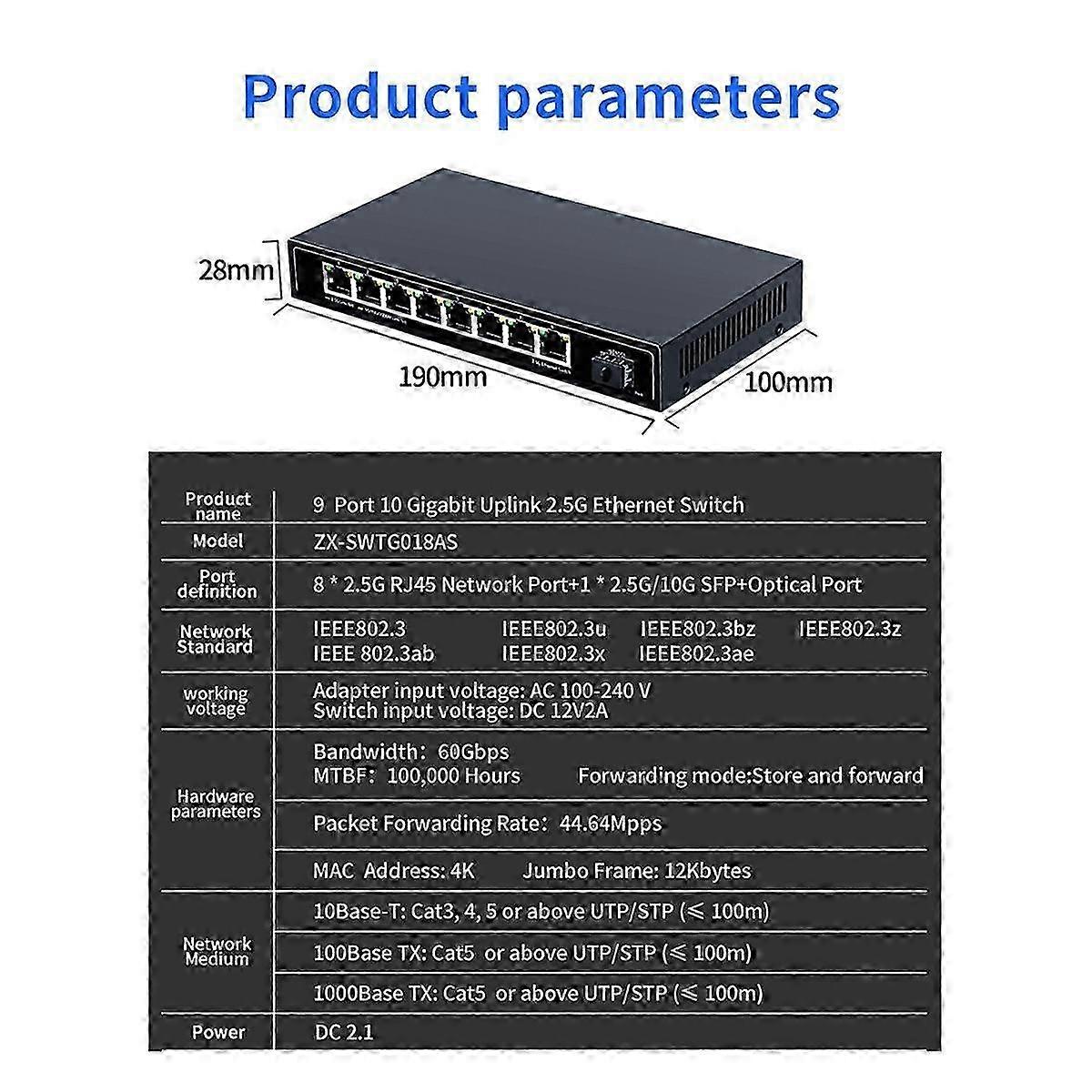 8 Port 2.5g Ethernet Switch 2.5gbase-t Network Switcher 10 Gigabit Uplink Plug And Play Hub Internet Splitter Fanless