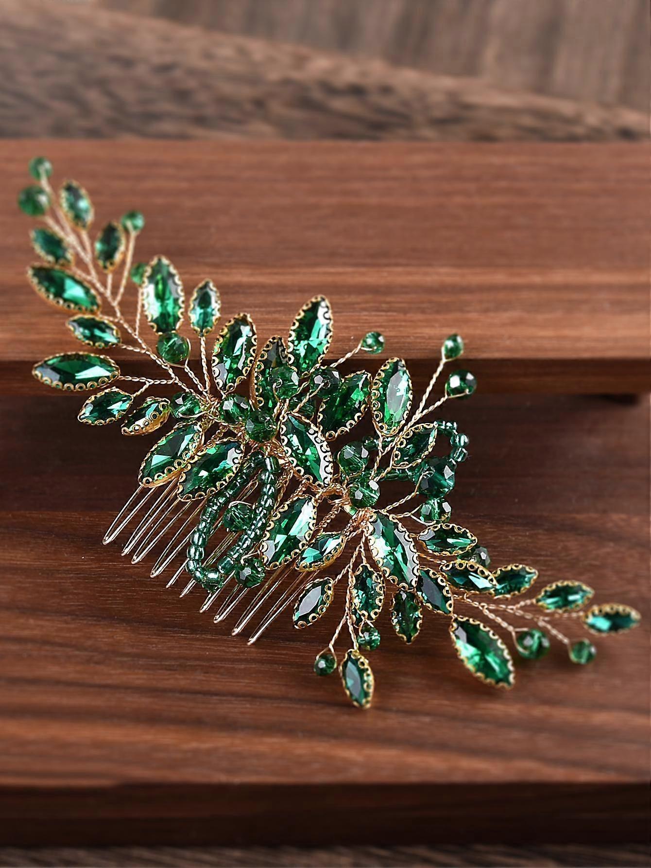 1 قطعة نسائي مصنوع يدويا أخضر زجاج حجر الراين طويل الشعر مشط أغطية رأس للعروس حفل زفاف أنيق عيد الميلاد ، تاج