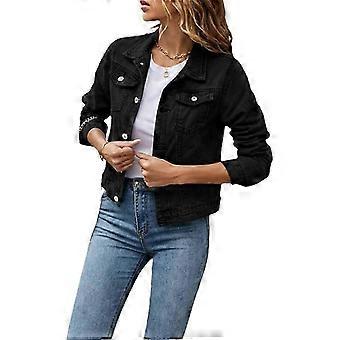 Damen Jeansjacke Lässige Ärmel Revers Knopftaschen Fit Jeansjacke Oberbekleidung mit Taschen S schwarz