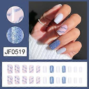 Blue Sequin Decor Mid-length Fake Square Nails Ultra-flexible Long Lasting Fake Nails  Jelly Glue Model