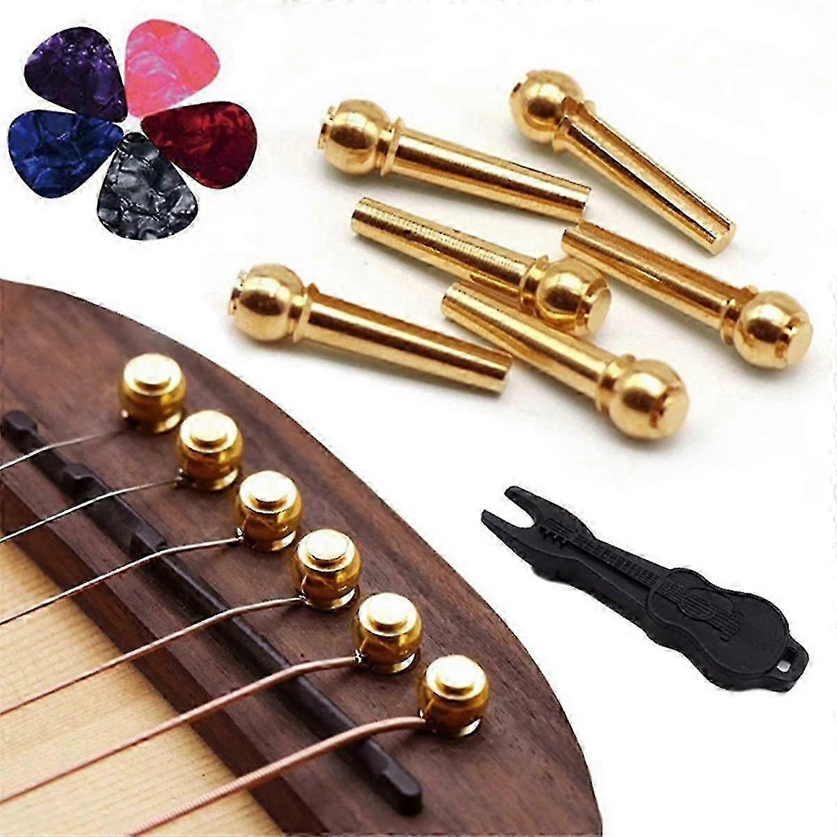 6 Pcs Guitar Bridge Pins with Brass Endpin - Fixed Cone Design, Includes Bridge Pin Puller & 5 Picks
