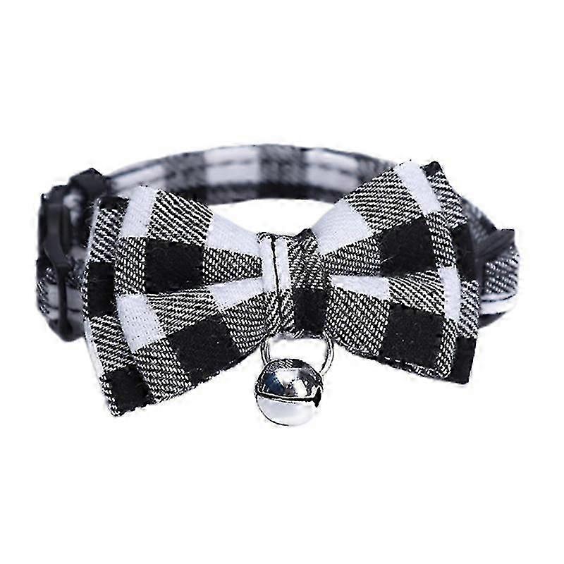 Adjustable Cat Collar Bow Tie With Bell Puppy Tuxedo Necktie Lattice Pattern,Black and white