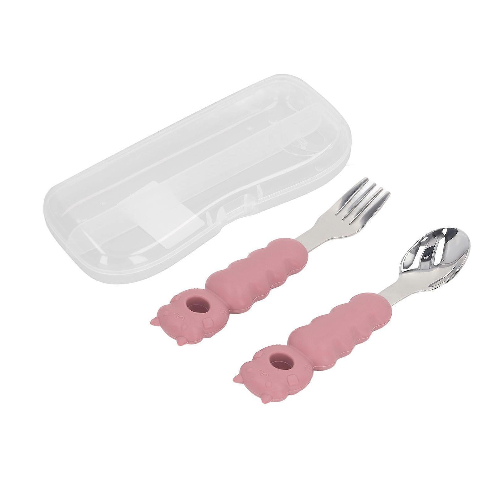 Multipurpose Cartoon Shape Comfortable Grip Stainless Steel Fork Spoon Set,Brownish Red 