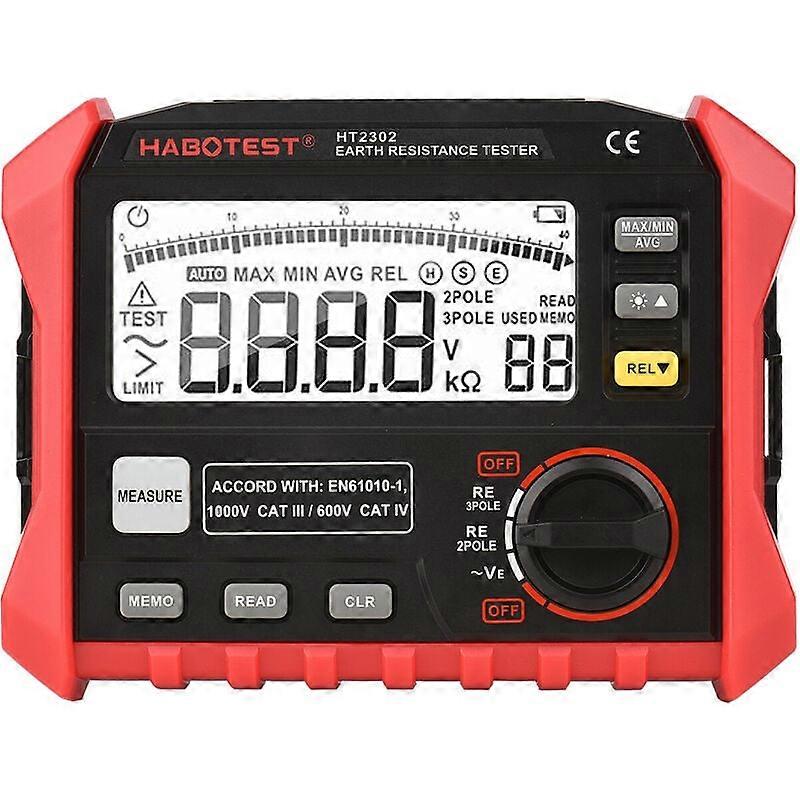 HABOTEST HT2302 Digital Earth Resistance Tester 0 Ohm to 4K Ohm 100 Groups Data Storage LCD Display Backlight with Carrying Case Black and Red
