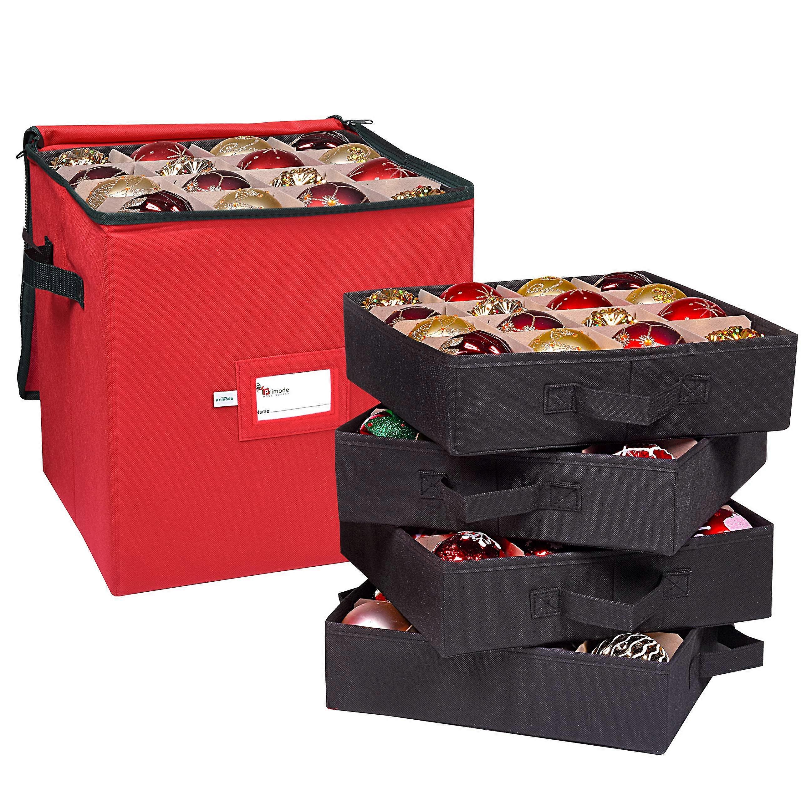 Christmas Ornament Storage Box for 64 Ornaments, Durable Red Polyester Container with 4 Individual Trays