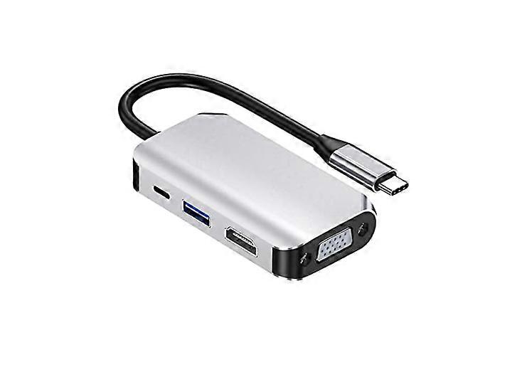4 in 1 USB Type C Hub Splitter Docking Station Dongle Multiport Adapter, UHD HDMI 4K@30Hz, VGA 1080P@60Hz, USB 3.0, USB C Fast Charging, 5Gbps(Grey)