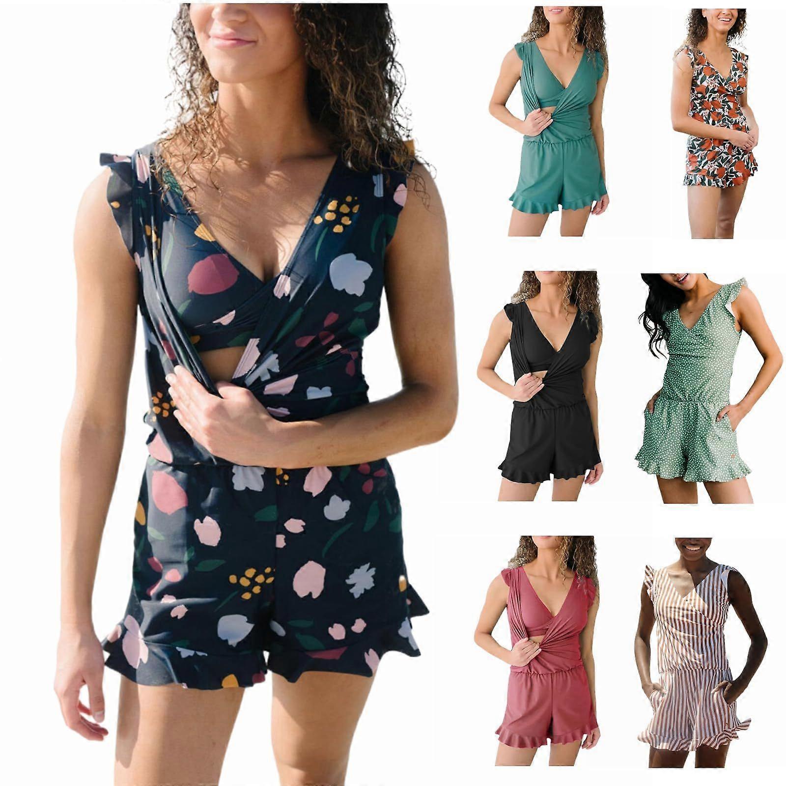 Swim Romper Ankastre Sütyen Çıkarılabilir Sütyen Kupası, Püsküllü Fırfırlı Kadınlar için Tek Parça Mayo, V Yaka Karın Kontrolü Yüzme Romper Yapılı Plaj Kıyafeti, Plus S