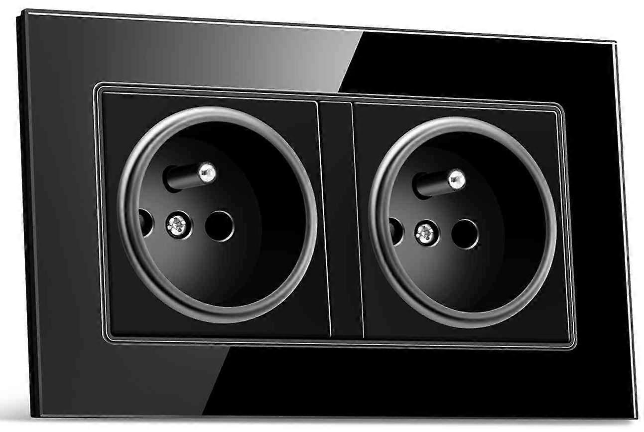 Eu Plug Double Socket Wall Electrical Outlets 16A - 250V Black Glass Panel French Power Socket