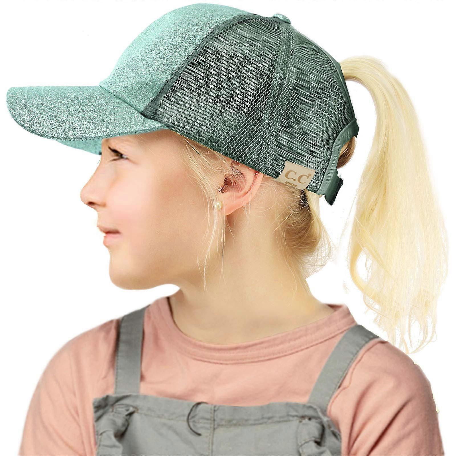 Kids 25 Ponytail Messy Buns Ponycaps Baseball Visor Cap Hat One Size Glitter Mint