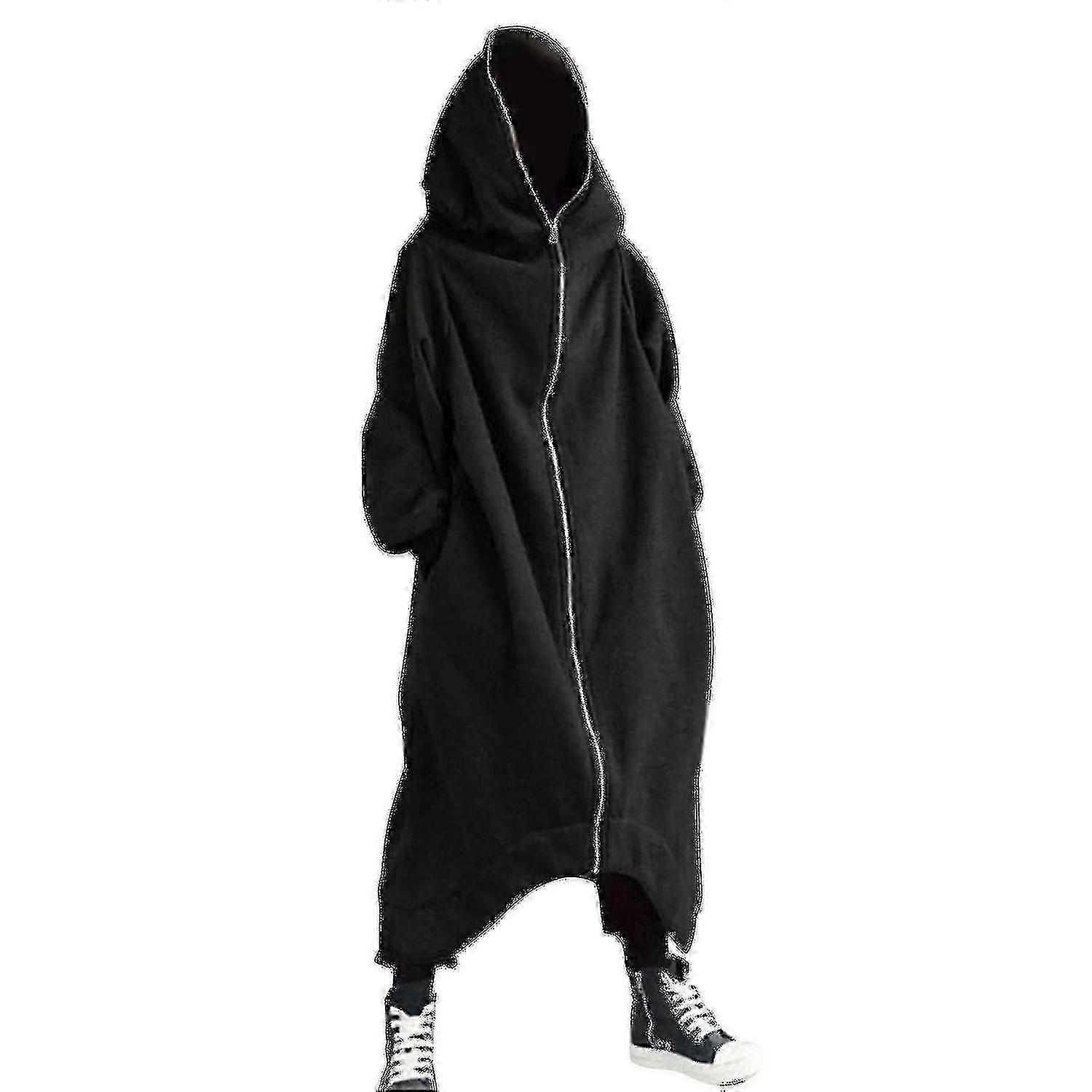 Unisex Langarm Kapuze Nazgul Langer Mantel Reißverschluss Fleece gefüttert Langer Kapuzenpullover - ya