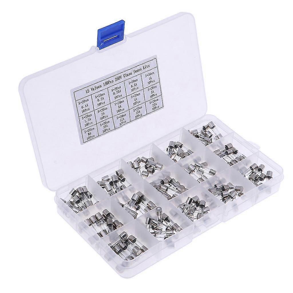 15 Values 150pcs Fast-blow Glass Fuses Assorted Kit 5x20mm with Plastic Box