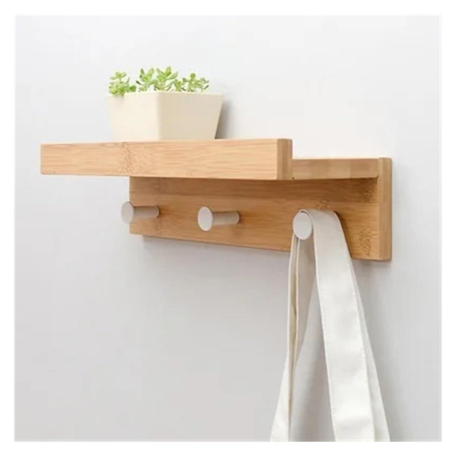 Bamboo Wall Coat Rack with 3 Hooks, Natural Wood Wall Shelf, Key Holder and Garment Bag Storage