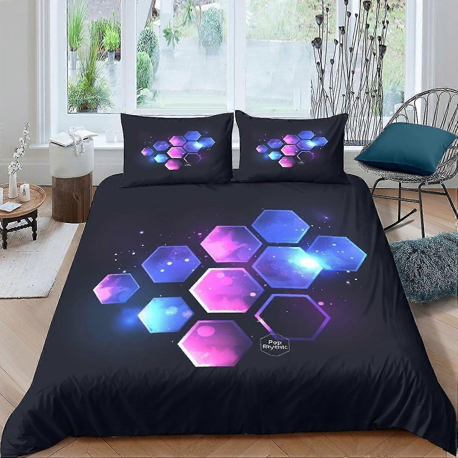 Honeycomb Neon Comforter Covers for Boys and Girls, 3D Printed Glitter Hexagon Soft Microfiber with Zipper Closure and Pillow Cases