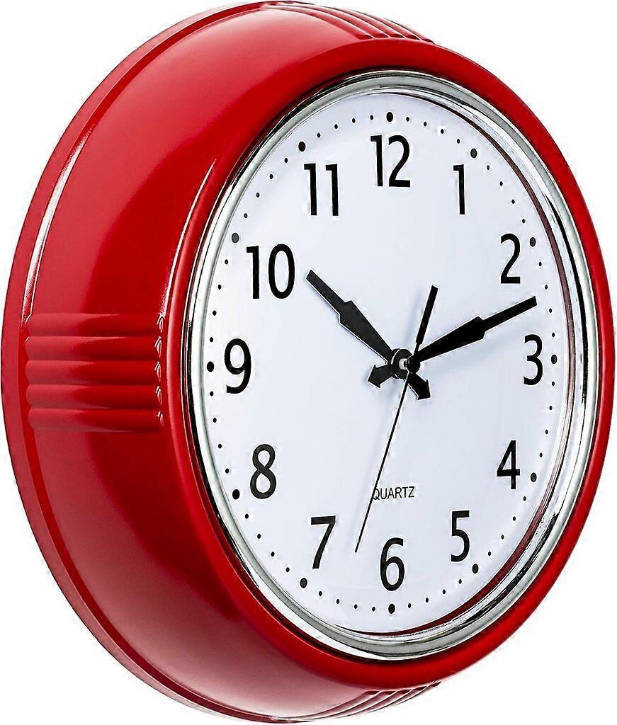 Vintage Red Kitchen Wall Clock, Retro 9.5-Inch Quartz Battery Powered