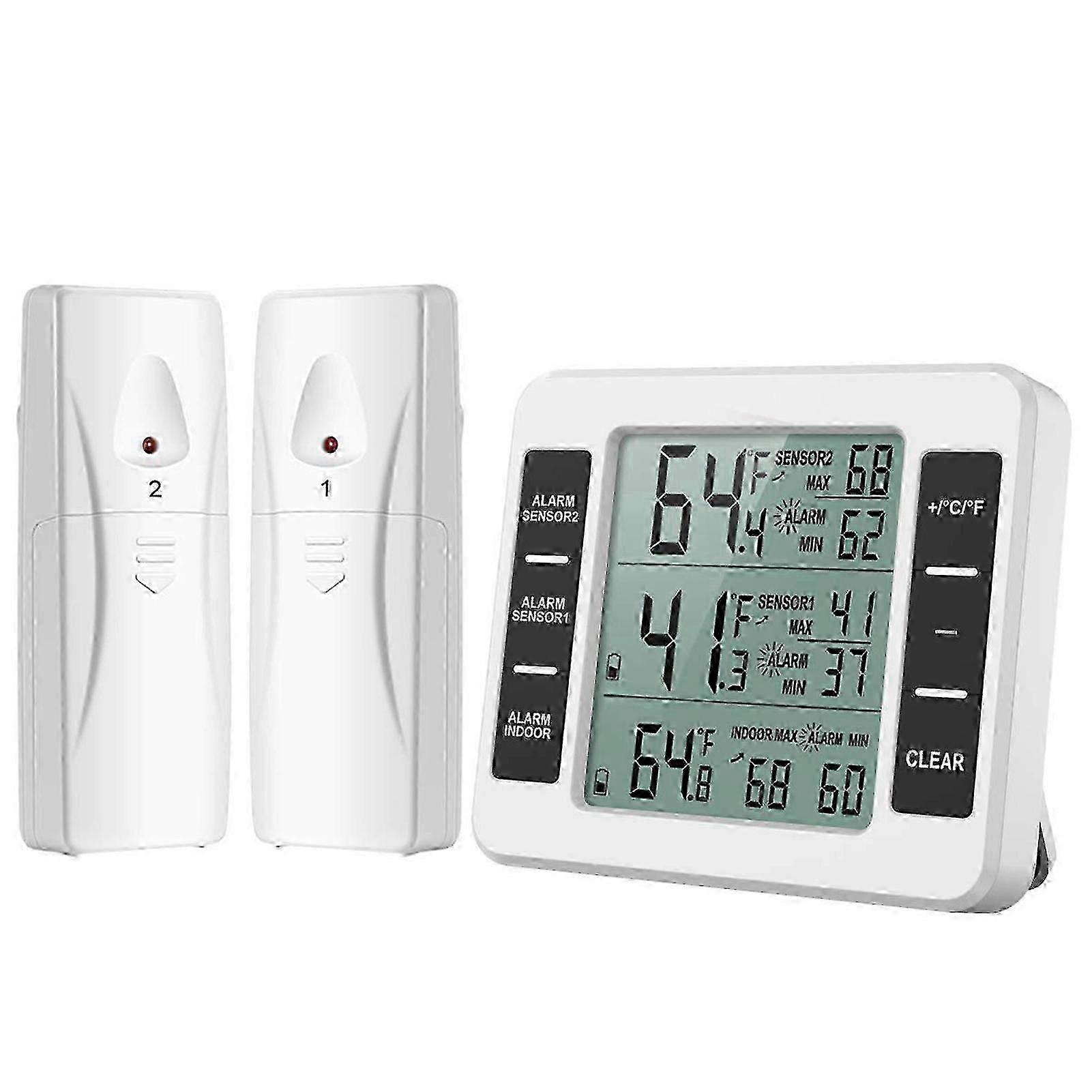Digital Wireless Refrigerator Freezer Thermometers Temp-Alarm 2 Sensor Indoor Outdoor Monitors for Home Kitchen