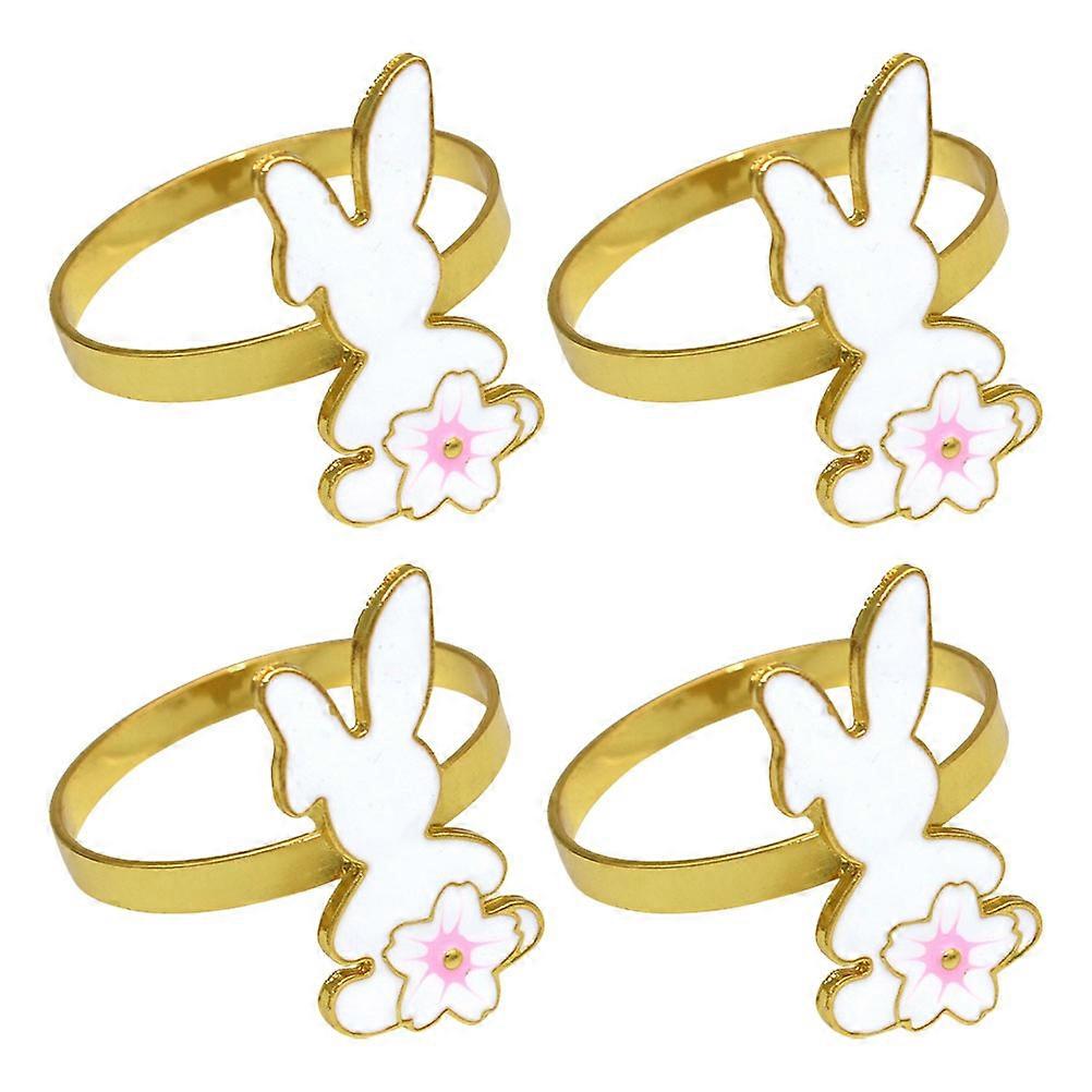 イースターバニーナプキンリング4個メタルスプリングラビットサービエットホルダー、花柄デザイン、休日、家族の集まりのための再利用可能なテーブル装飾、