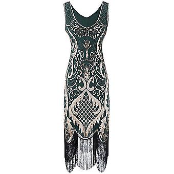 Kaxidy Women Dresses Sequin Beaded Dress Sleeveless Vintage Gatsby Dress Gold-Green M