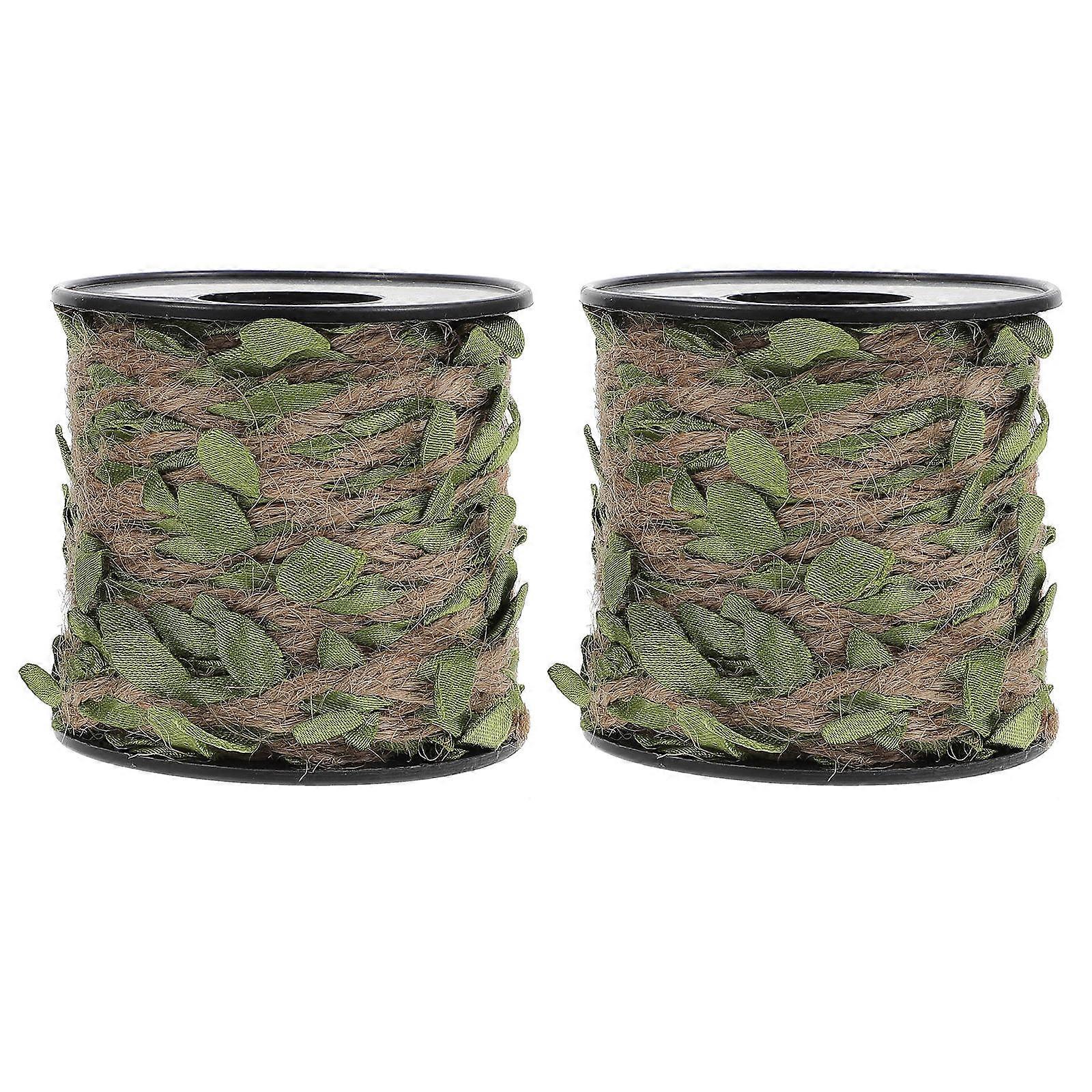 2 Rolls DIY Hemp Rope with Simulation Green Leaves for Weaving Rattan Rope Vine Decor
