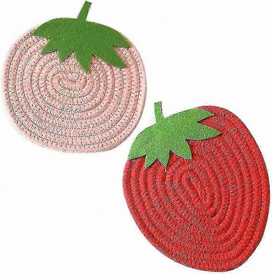 Set of 2 Cotton Placemats with Strawberry Design for Dining Table, Tea Coasters and Cup Pads for Home Decoration (Red & Pink)