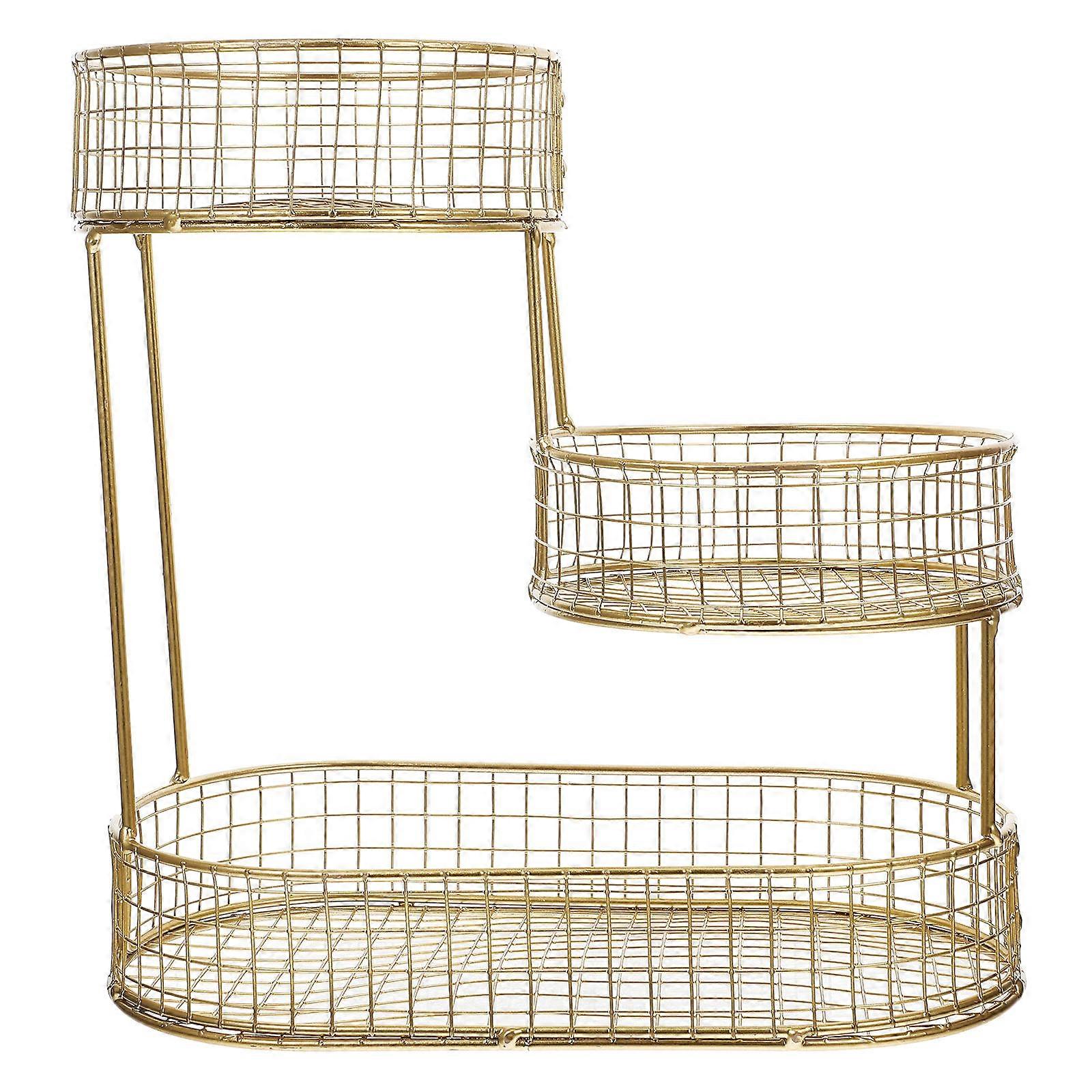 Golden Iron Multilayer Fruit Basket for Kitchen Counter with Metal Mesh 3 Tier Design 11.8x15.7x19.7 Inches