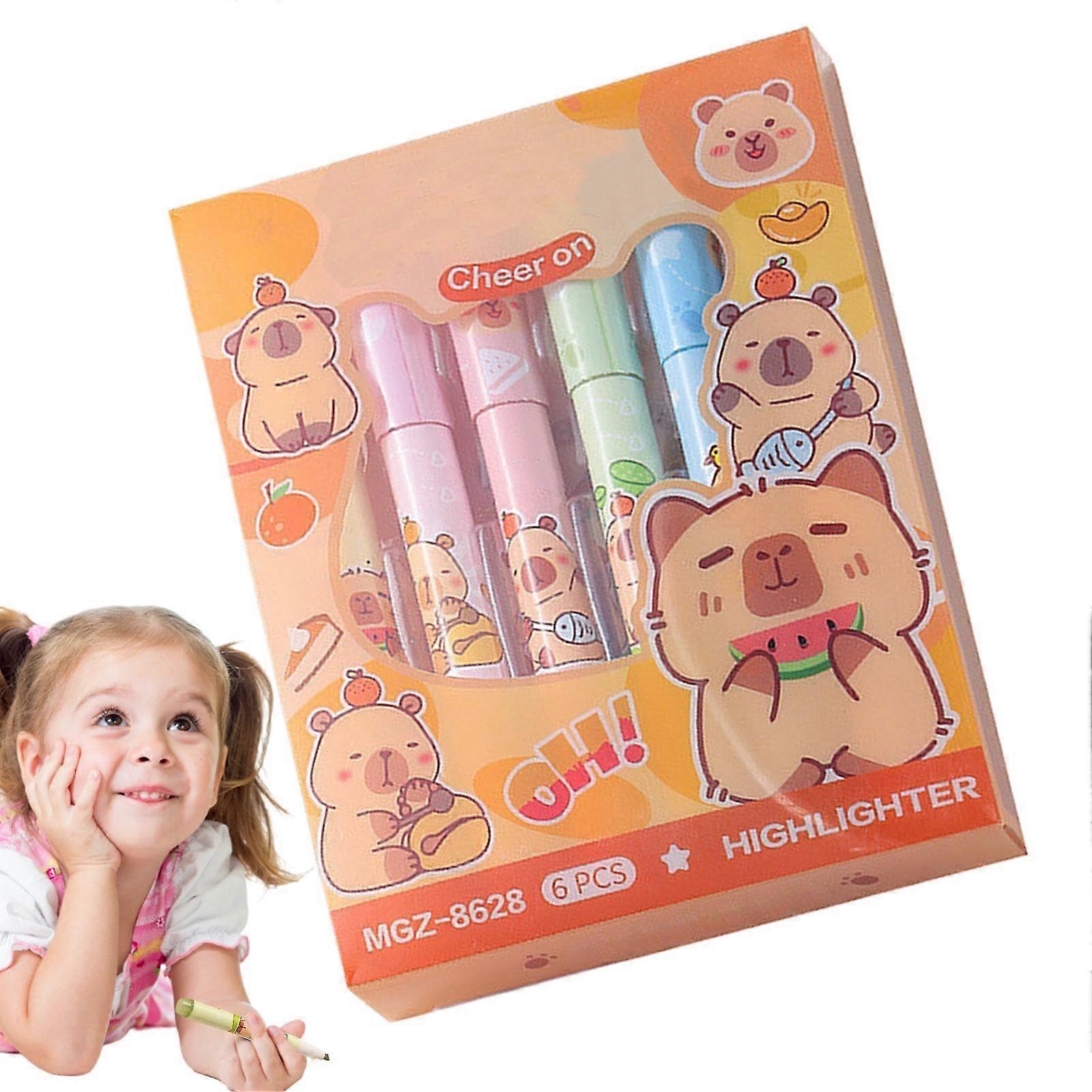 Capybara Highlighter Set of 6, Chisel Tip Pastel Fluorescent Marker Pens for School Supplies and Students