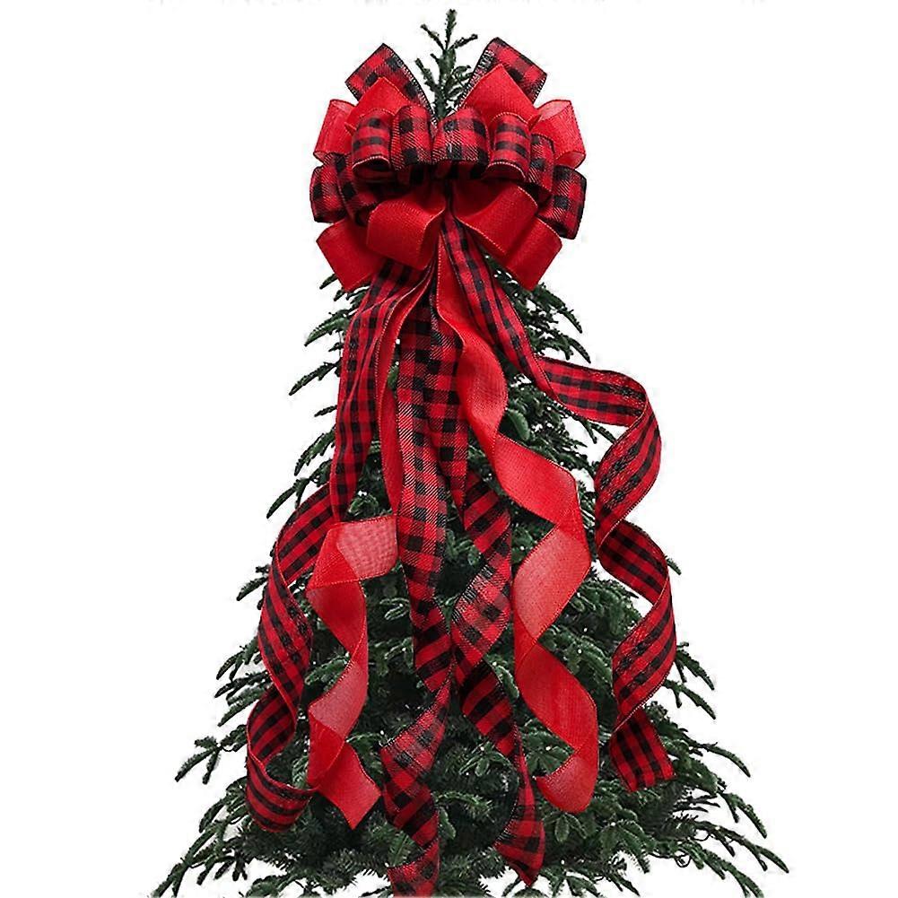 Christmas Tree Toppers, 90cm Large Buffalo Plaid Xmas Bows for Tree, Christmas Decoration (red)