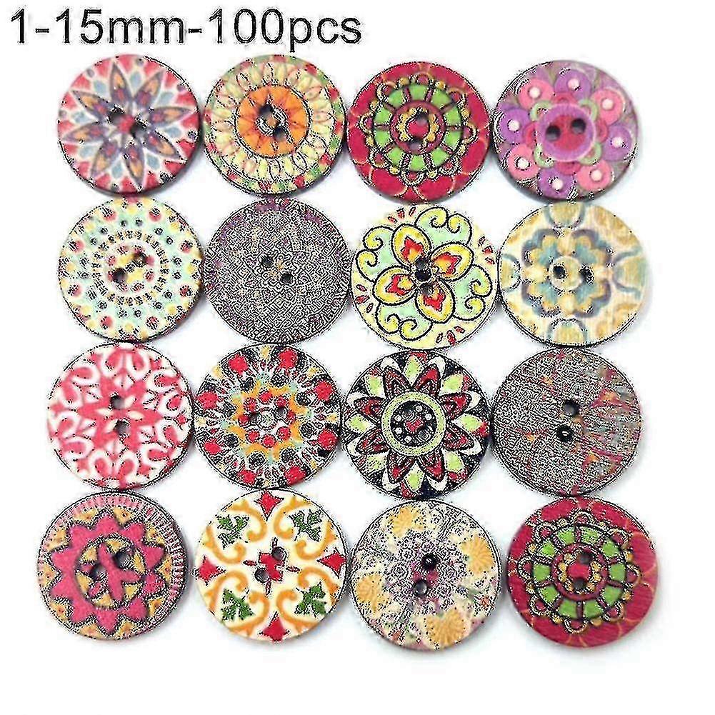 100 Pcs Bohemian Style Retro Pattern Round Shape Wooden Buttons Clothing Decor 2025