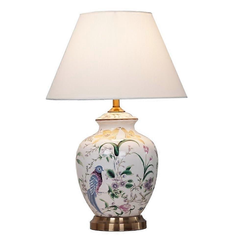 Flower And Bird Ceramic Table Lamp Chinoiserie Nightstand Lamp Desk Lamp With White Fabric Flat Shade Small Size