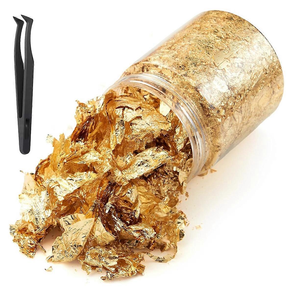 Gold Foil Leaf Flakes with Tweezers,10g Metallic Gold Foil Flakes for Resin, with Tweezers, Imitation for Nail Art