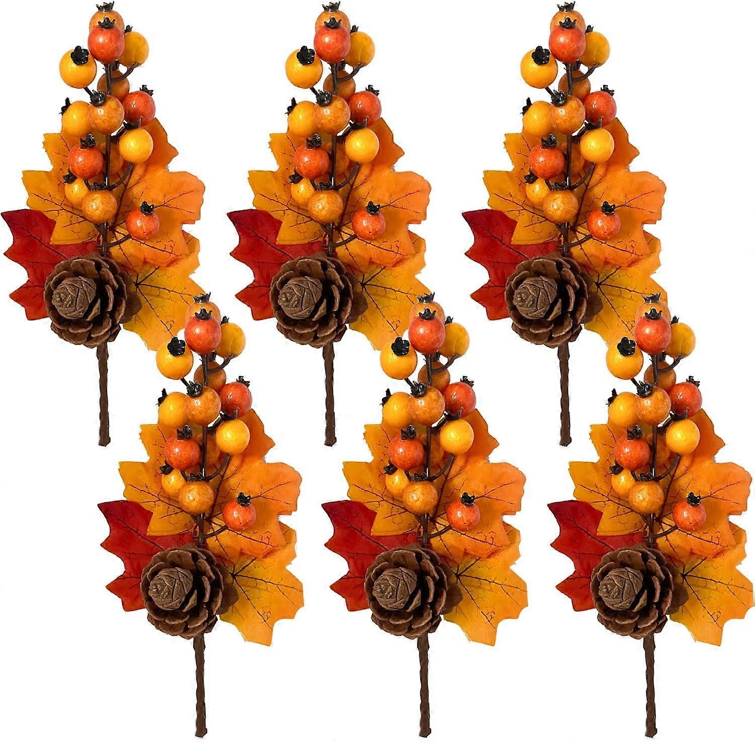 6 Pack Artificial Fall Stems with Berries, Pumpkins & Maple Leaves - Compatible with Wreath Making - Harvest Autumn Thanksgiving Decor for Indoor