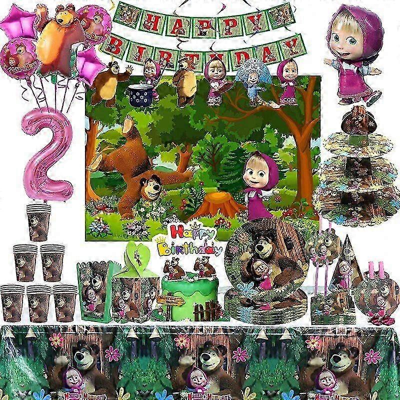 فتاة والدب حفلة عيد ميلاد زينة الكرتون موضوع حزب بالونات أدوات المائدة مجموعة لوحات أكواب عيد ميلاد سعيد اللوازم للأطفال