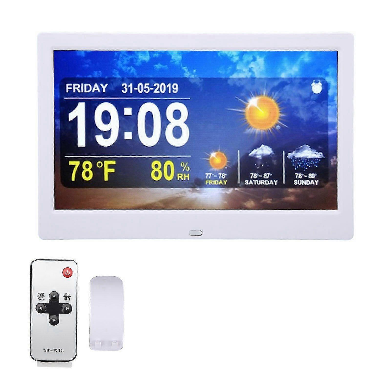WIFI Weather Clock 10in 100240V White Date Time Temperature Humidity Color Display Alarm Clock with Remote Control Support Photos Videos Music Play UK